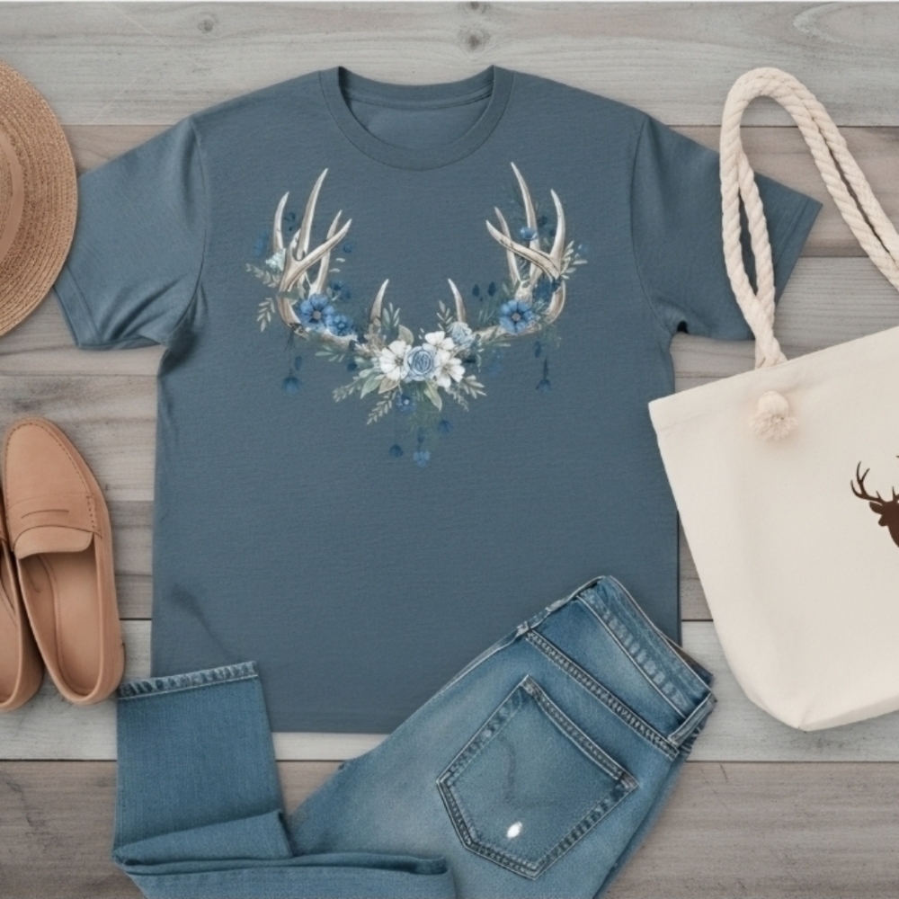 Antler Floral Graphic Tee • Blue Rose Nature Shirt • Boho Western Country Top